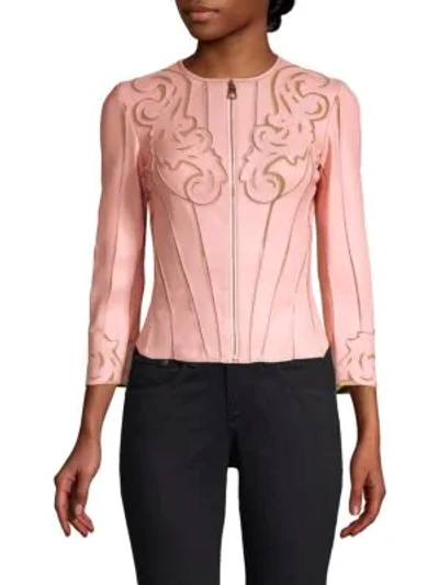 Shop Versace Fitted Laser-cut Leather Jacket In Pastel Rose
