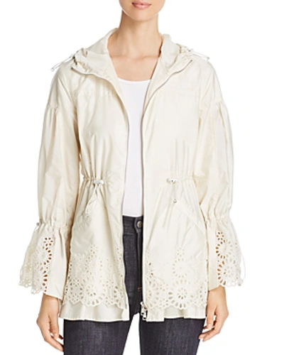 Moncler 'brazzaville' Floral Lace Trim Drawstring Waist Hooded Parka In White