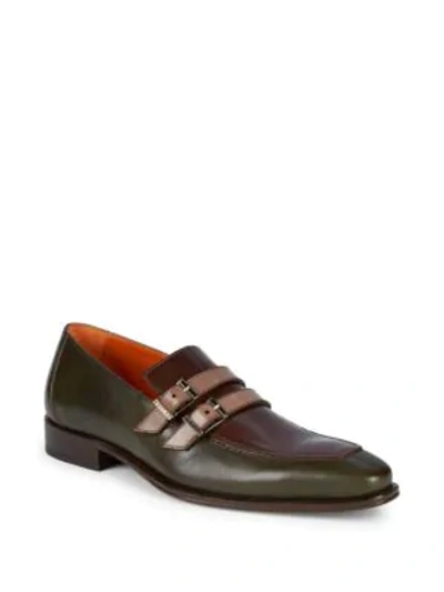 Shop Mezlan Double Buckle Colorblock Leather Loafers In Olive Multi