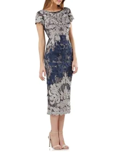 Shop Js Collections Boatneck Embroidered Dress In Silver Navy