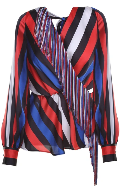 Shop Msgm Fringed-trim Striped-satin Blouse In Multicolor