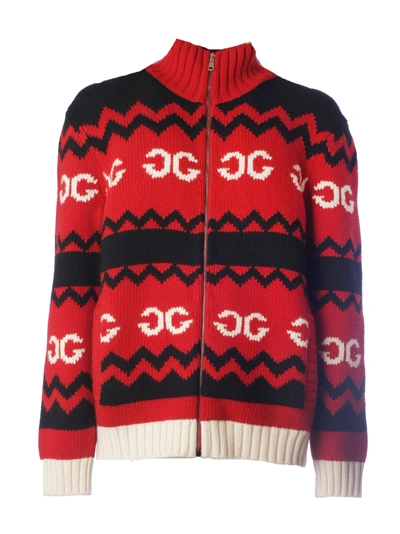 Shop Gucci Zip Up Knitted Sweater In Cherry Multi