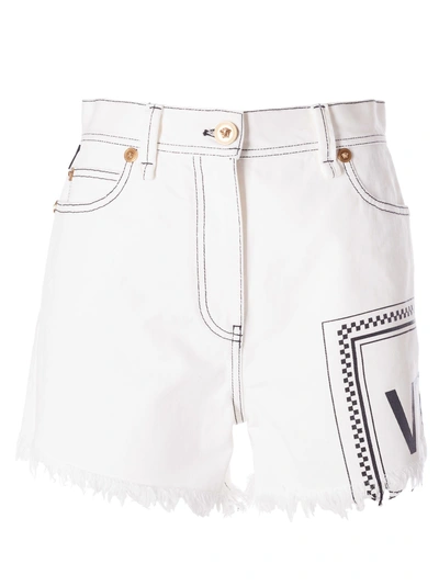 Shop Versace Printed Denim Shorts In Basic