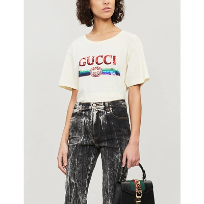 Shop Gucci Sequinned Logo-print Cotton-jersey T-shirt In Sunkissed Multi