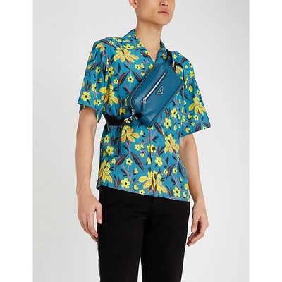Shop Prada Floral-print Regular-fit Woven Shirt In Blue