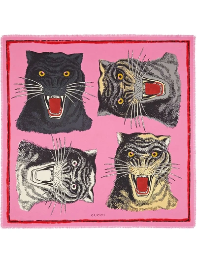 Shop Gucci Tiger Face Print Silk Scarf In Pink