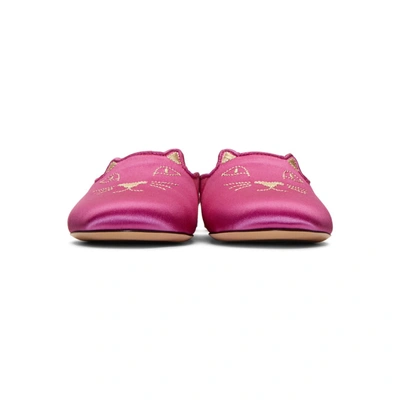 Shop Charlotte Olympia Pink Satin Kitty Slippers In 09112 Pink