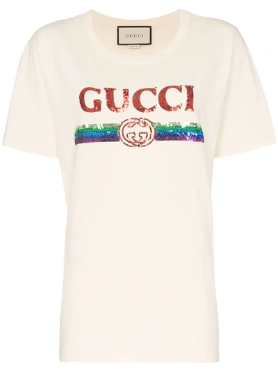 Shop Gucci Sequin Logo Embellished Cotton T Shirt - Neutrals