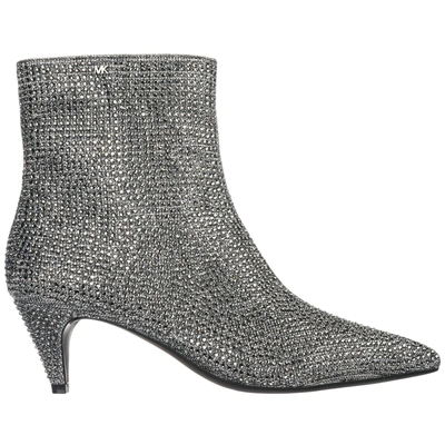Shop Michael Kors Women's Leather Heel Ankle Boots Booties Blaine Flex In Silver