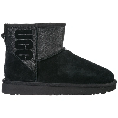 Shop Ugg Women's Suede Ankle Boots Booties Classic Mini Logo Sparkle In Black