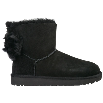 Shop Ugg Women's Suede Ankle Boots Booties Fluff Bow Mini In Black
