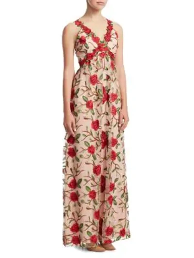 Shop Alice And Olivia Beck Rose Embroidered Gown In Nude Red