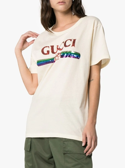 Shop Gucci Sequin Logo Embellished Cotton T-shirt In Neutrals