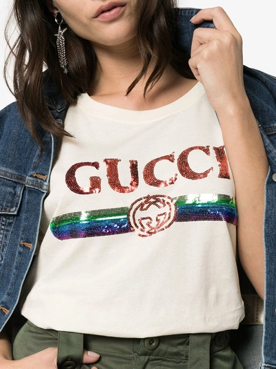 Shop Gucci Sequin Logo Embellished Cotton T-shirt In Neutrals