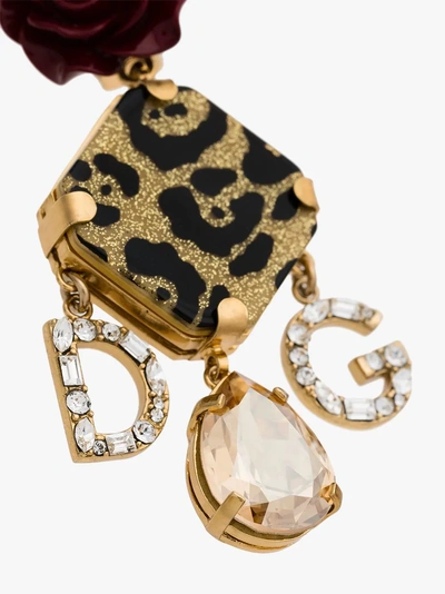 Shop Dolce & Gabbana Red Rose Leopard Print Charm Earrings In Zoo00 Gold