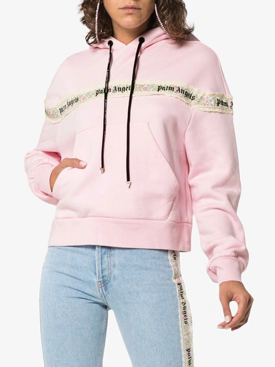 Shop Palm Angels Logo Floral Trimmed Cotton Hoodie In Pink/purple