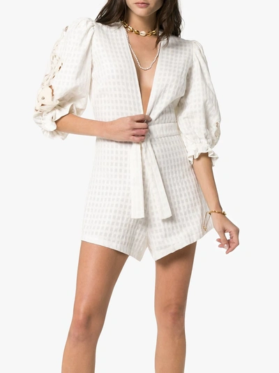 Shop Adriana Degreas Porto Embellished Sleeve Cotton Playsuit In Off White