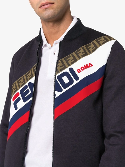 Shop Fendi Mania Logo Print Zip Bomber Jacket In Blue