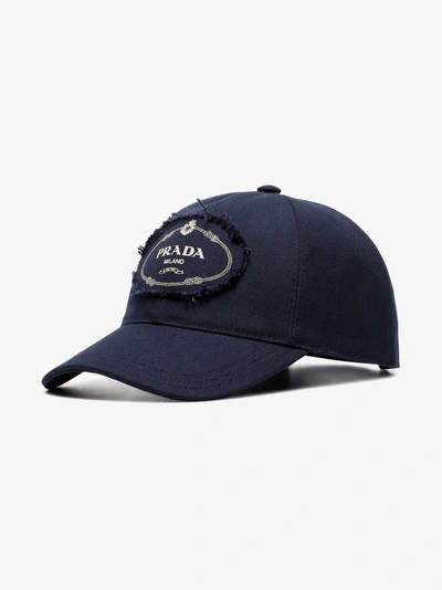 Shop Prada Blue And White Logo Print Cotton Baseball Cap In F0216 Blue