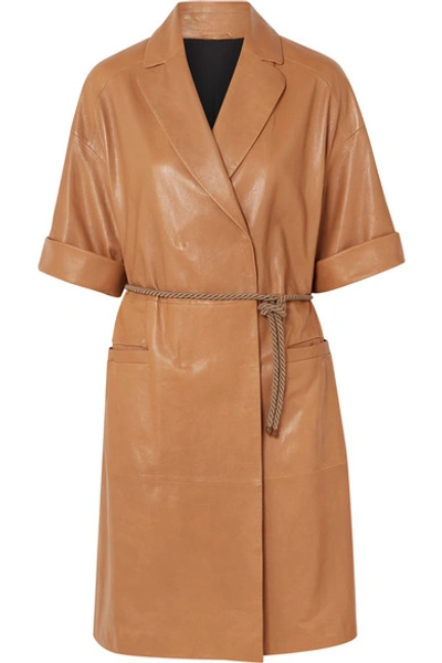 Shop Brunello Cucinelli Belted Leather Coat In Brown