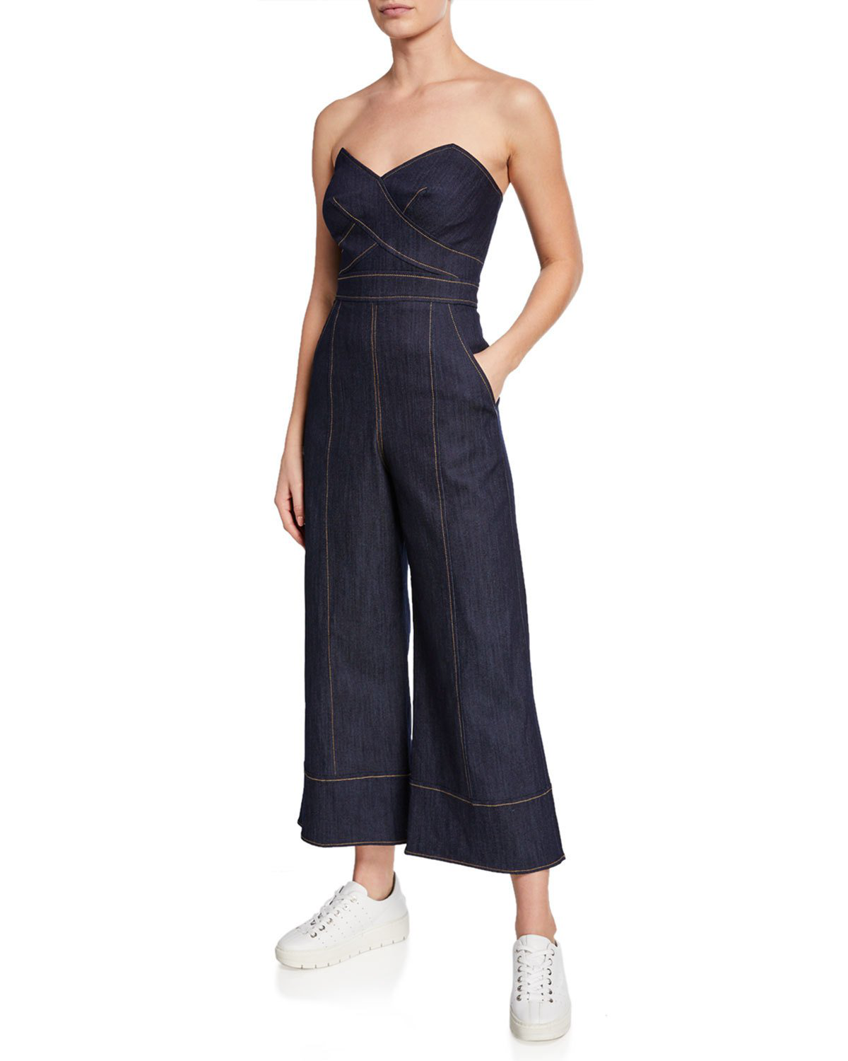 Cinq À Sept Zelda Strapless Wide-leg Denim Jumpsuit, Blue | ModeSens