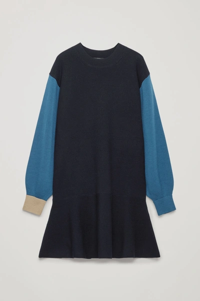 Shop Cos Colour-block Wool-knit Dress In Navy / Petrol Blue / Camel