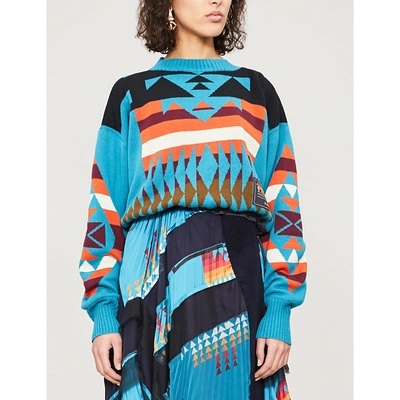 Shop Sacai Pendleton-patterned Cropped Cotton-blend Jumper In Turquoise