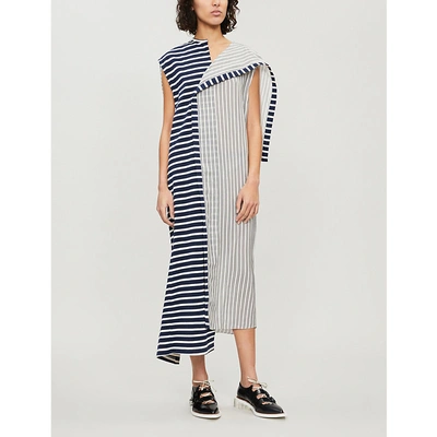 Shop Jw Anderson Asymmetric Striped Woven Midi Dress In Navy