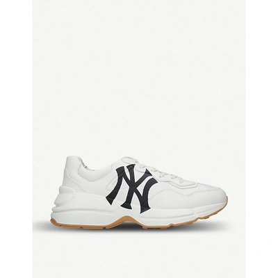 Shop Gucci Rhyton Ny Yankees Leather Trainers In White/comb