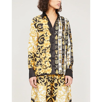 Shop Versace Baroque And Alphabet-print Silk-twill Shirt In Gold Print