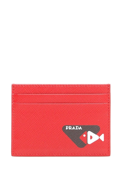 Shop Prada Credit Card Holder With Fish Print In Fuoco Nero (red)
