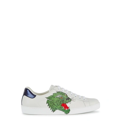 Shop Gucci New Ace Tiger-print Leather Trainers In White