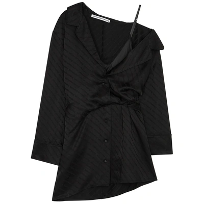 Shop Alexander Wang Black Logo-jacquard Satin Shirt Dress