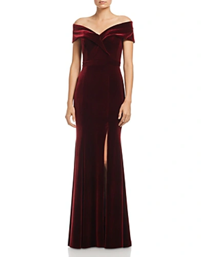 Shop Aqua Off-the-shoulder Fluted Velvet Gown - 100% Exclusive In Burgundy