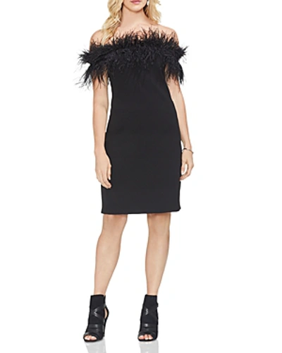 Shop Vince Camuto Off-the-shoulder Feather Trim Dress In Rich Black