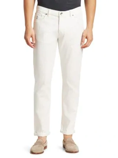 Shop Brunello Cucinelli Rolled-cuff Embroidered Logo Five-pocket Jeans In White