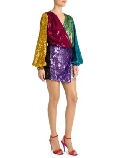 Shop Attico Colourblock Sequin Mini Wrap Dress In Multi