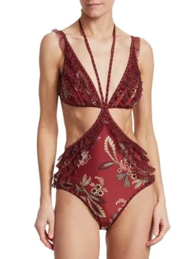 Shop Zimmermann Juno Cut Out Ruffle Floral & Polka Dot One-piece Swimsuit In Spliced