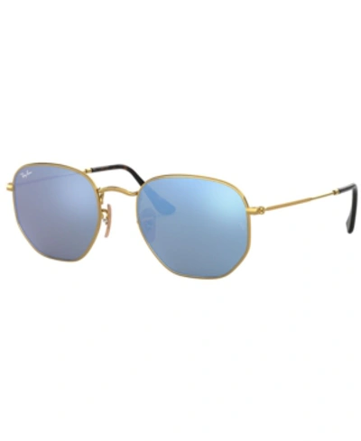 Shop Ray Ban Ray-ban Sunglasses, Rb3548n Hexagonal Flat Lenses In Gold / Light Blue Flash