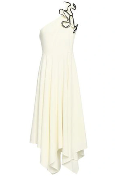 Shop Halston Heritage One-shoulder Ruffled Stretch-crepe Midi Dress In Ivory