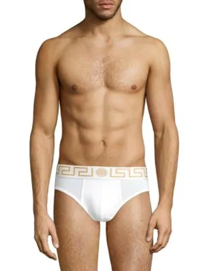 Shop Versace Iconic Stretch Cotton Low-rise Briefs In White