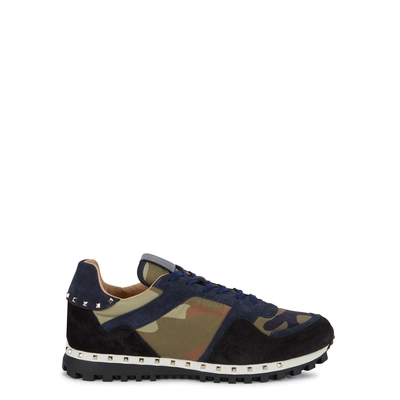 Shop Valentino Runner Camouflage-print Suede Sneakers In Navy