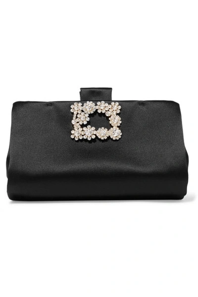 Shop Roger Vivier Crystal-embellished Satin Clutch In Black