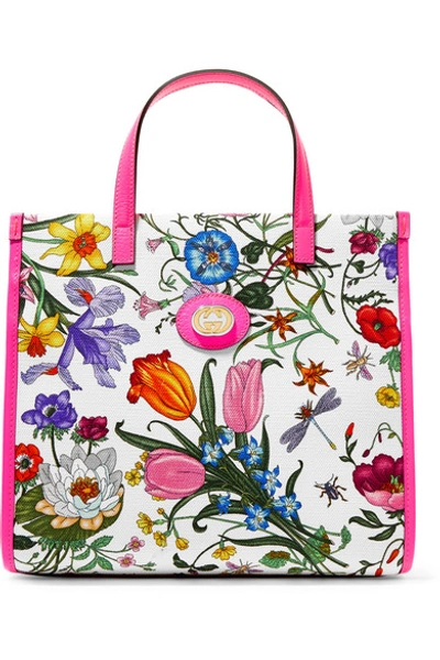 Shop Gucci Flora Medium Leather-trimmed Printed Canvas Tote In Pink
