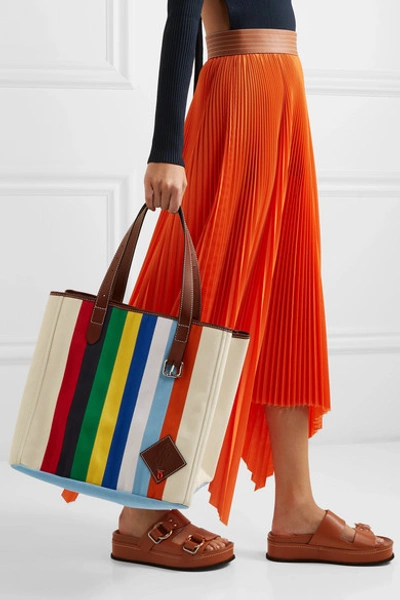 Shop Jw Anderson Belt Leather-trimmed Striped Canvas Tote In Blue