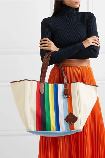 Shop Jw Anderson Belt Leather-trimmed Striped Canvas Tote In Blue