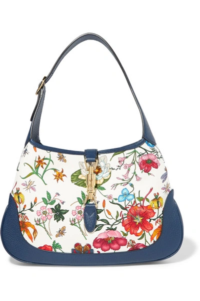 Shop Gucci Jackie Hobo Medium Floral-print Canvas And Textured-leather Shoulder Bag In White