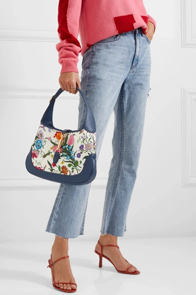 Shop Gucci Jackie Hobo Medium Floral-print Canvas And Textured-leather Shoulder Bag In White