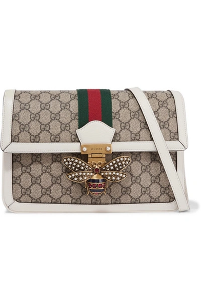 Shop Gucci Queen Margaret Medium Leather-trimmed Printed Coated-canvas Shoulder Bag In Beige