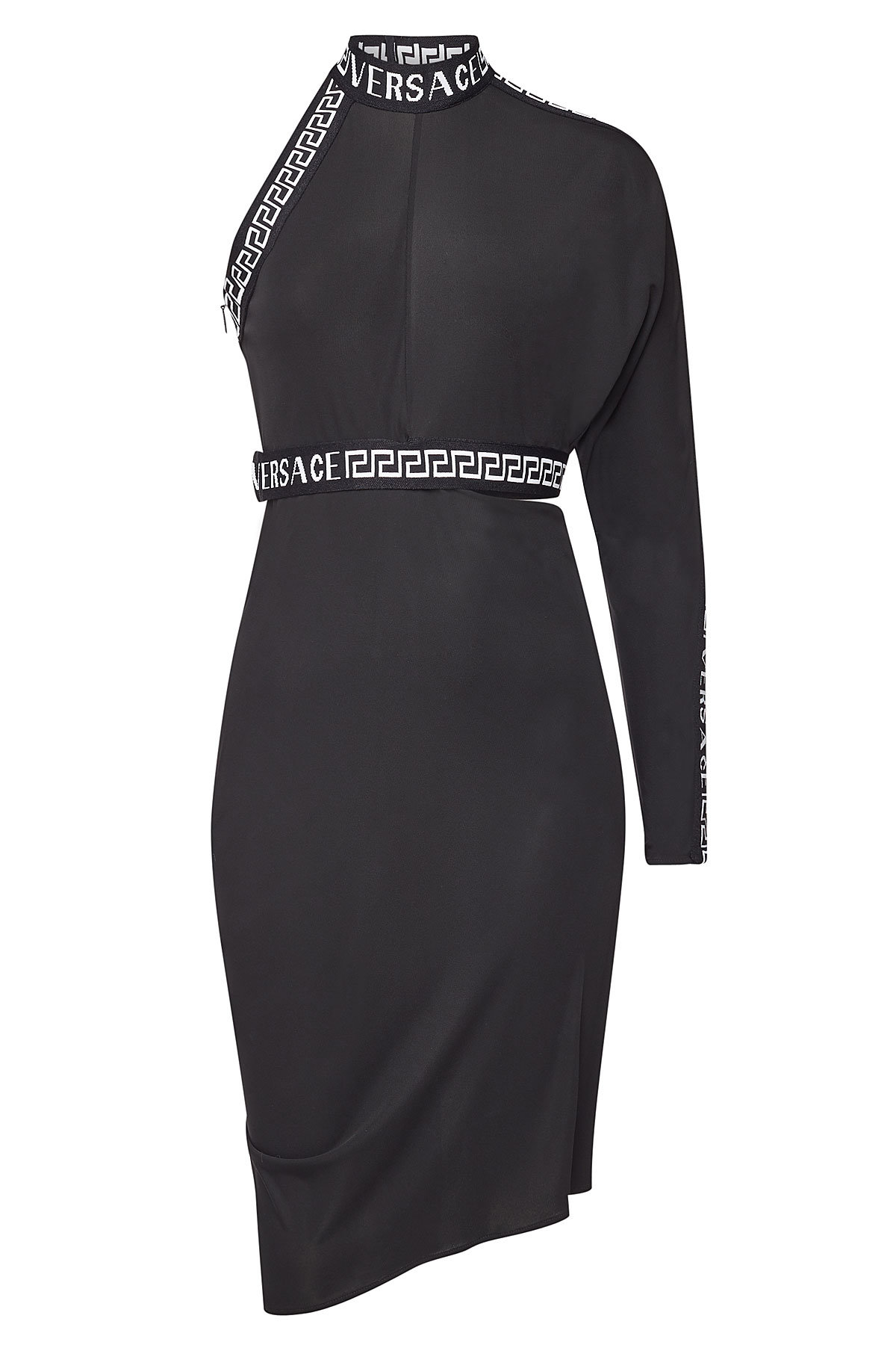 Versace Logo Print Asymmetric Stretch Jersey Dress In Black Modesens